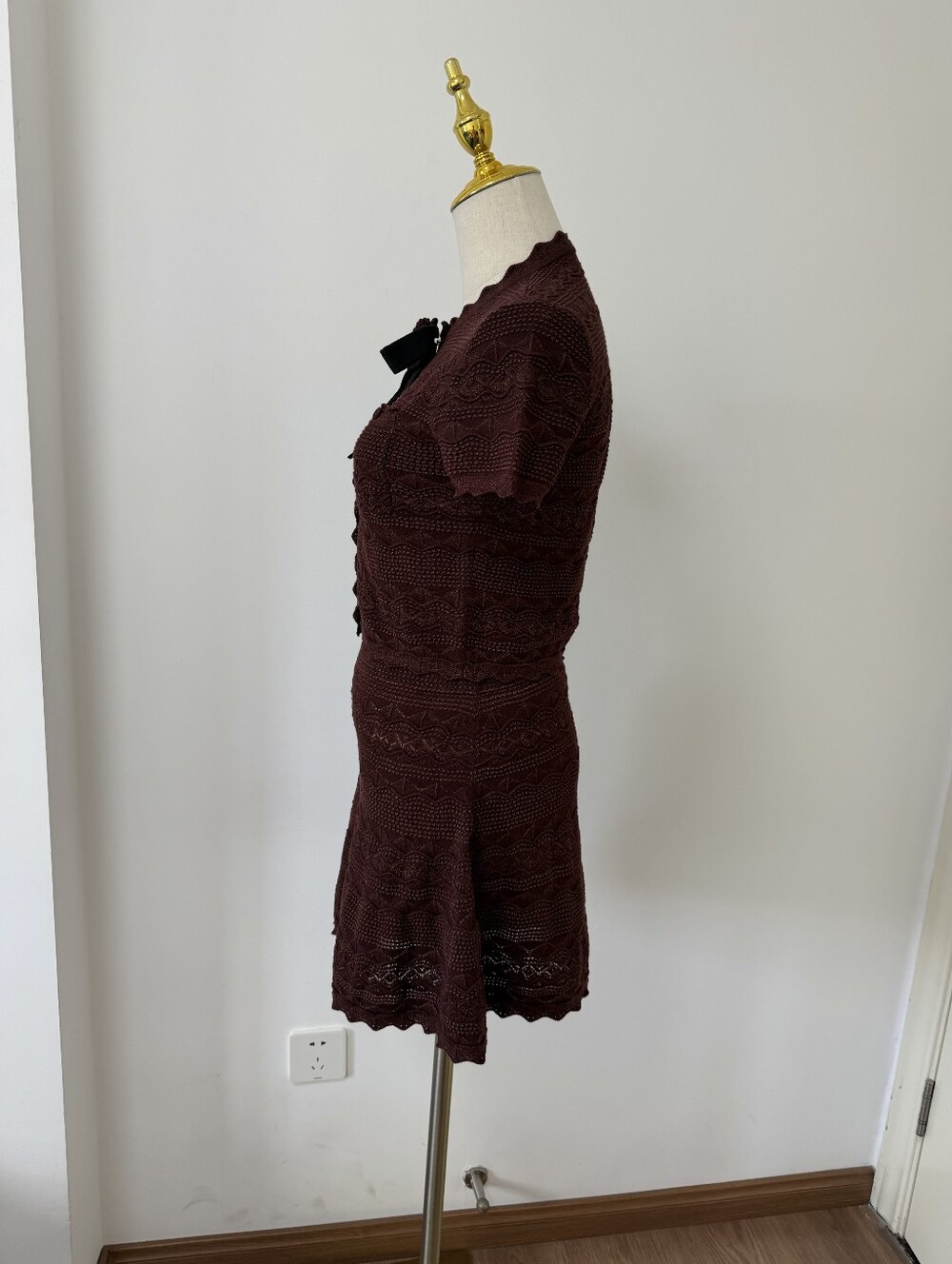 Self Portrait Brown Pointelle Knit Top With Matching Mini Skirt Set - Picture 11 of 16
